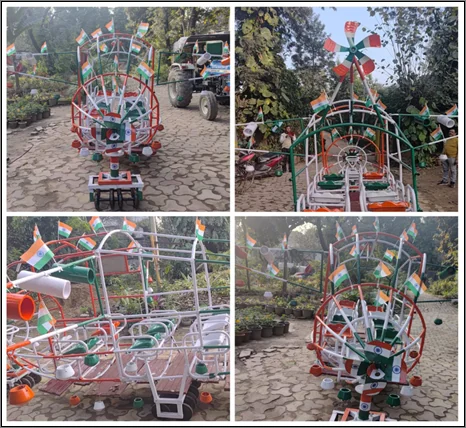 पुराने पाइप और पहियों से बनी दिल्ली नगर निगम की कलाकृति के अलग दृश्य। मूल फोटो-संयोजन: PIB।